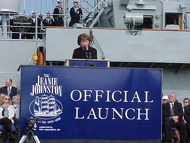 President Mary McAleese officially naming the Jeanie Johnston on Sunday 7th May in Fenit, with the L.E. Ciara in the background